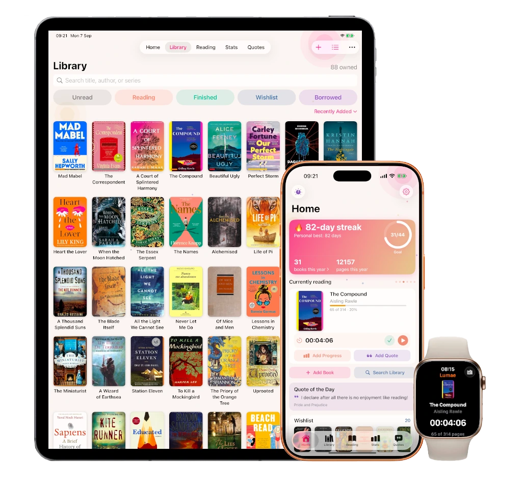 Lumae running on iPad, iPhone, and Apple Watch, synced privately across every device