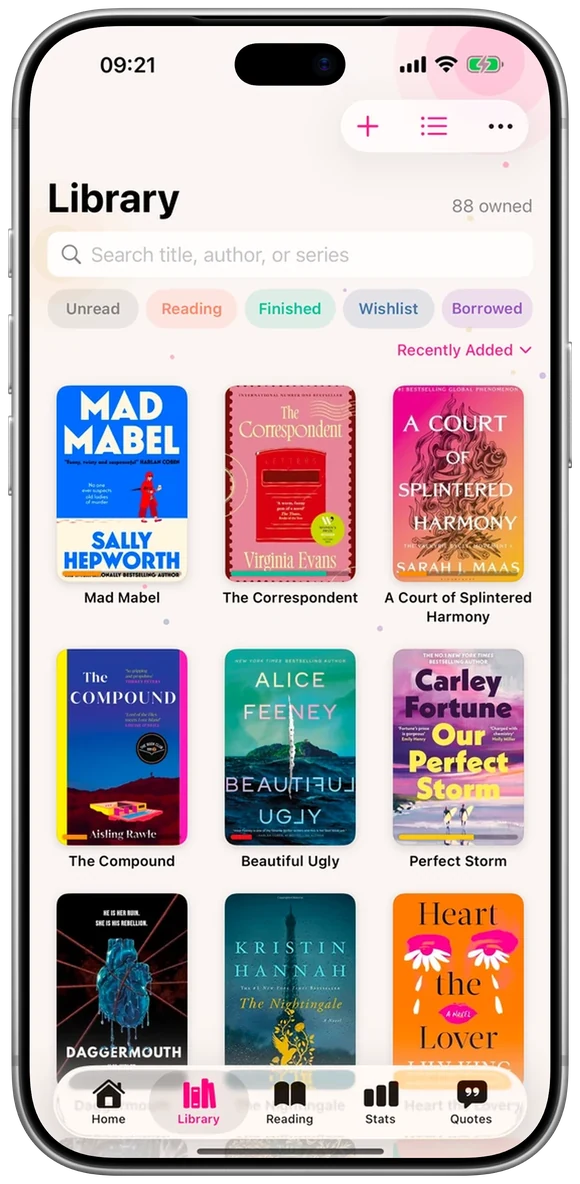 Lumae library grid screen with book covers and status filters