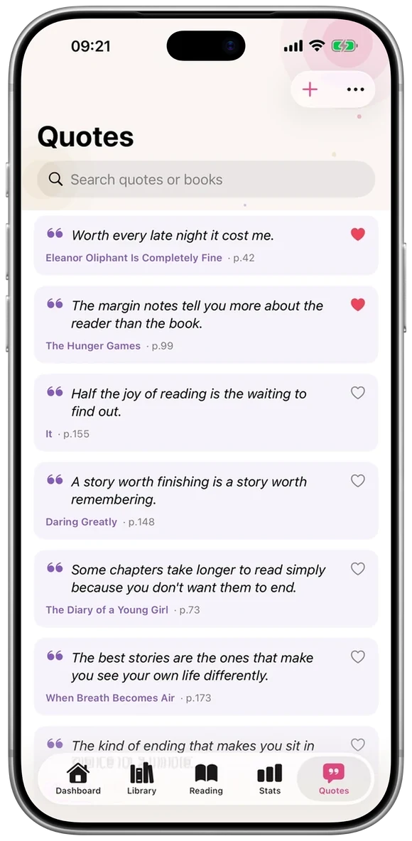 Lumae quotes screen with a saved passage