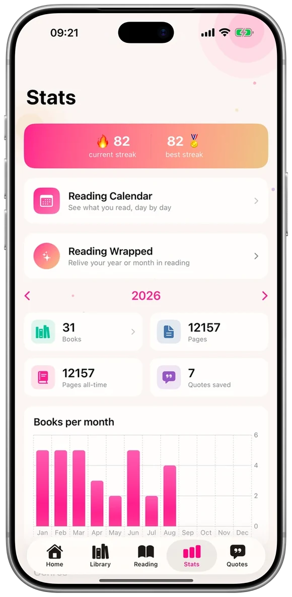 Lumae stats screen showing reading streak and calendar